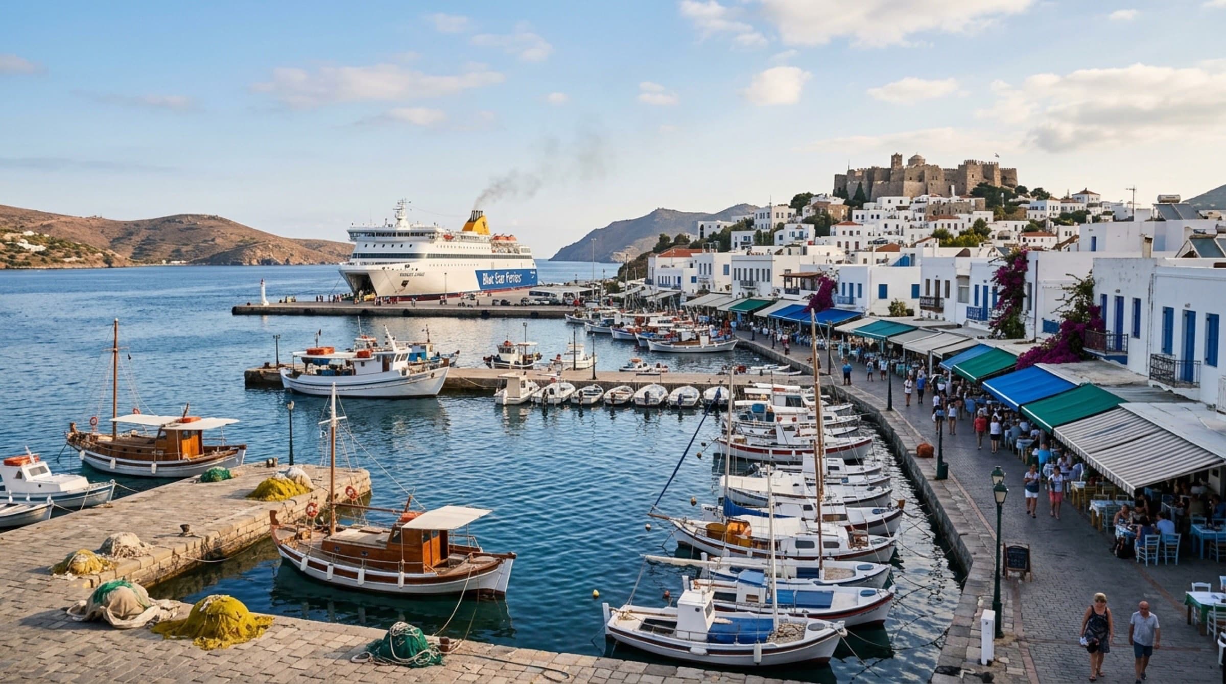 Skala harbour front — ferries, cafés, whitewashed lanes